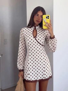 Siren Gaze Polka-Dot Long-Sleeve Dress With Lace-Trimmed Stand Collar And Cutout Detail Chiffon Lace Hem; Suitable For After Party Bar Party Date Autumn - White - View 5