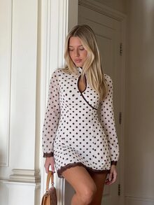 Siren Gaze Polka-Dot Long-Sleeve Dress With Lace-Trimmed Stand Collar And Cutout Detail Chiffon Lace Hem; Suitable For After Party Bar Party Date Autumn - White - View 9