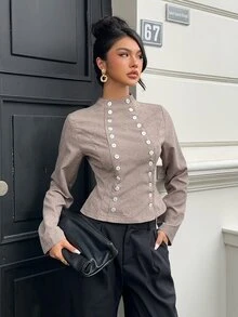 Siren Gaze 秋冬新款女款復古雙排扣襯衫 - 卡其色 - 查看 8