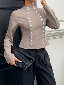 Siren Gaze 秋冬新款女款復古雙排扣襯衫 - 卡其色 - 查看 4