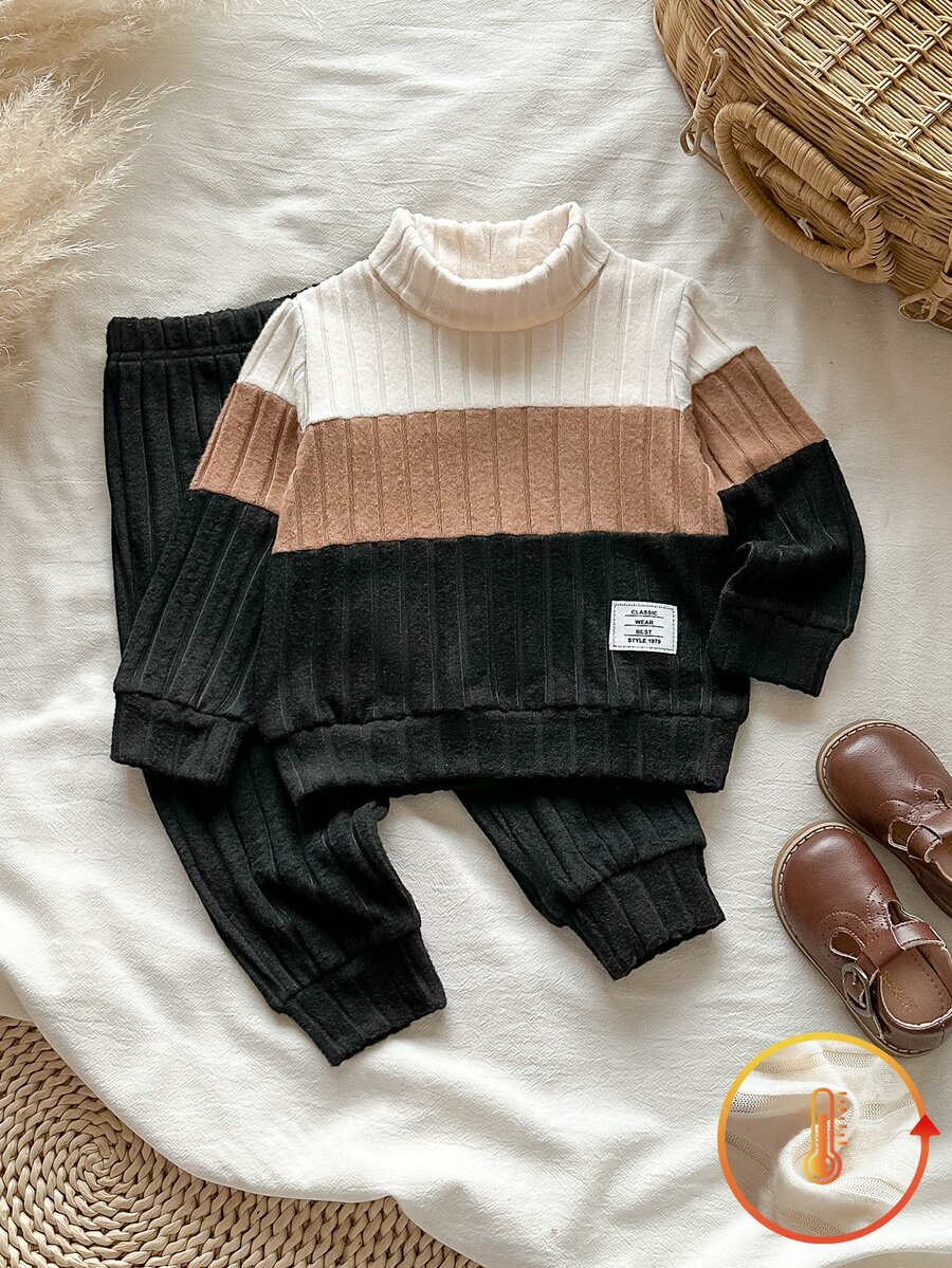 SHEIN Vintaside Kids 2件組 幼兒男童上衣+慢跑褲套裝 英倫風 白色/棕褐色/黑色拼色 羅紋針織 長袖高領 加厚 戶外 秋季 聖誕節假期 拼接設計 - 彩色 - 查看 1