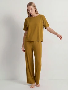 Ocili Studio 舒适丝滑短袖长裤睡衣套装（女士款） - 芥末黃 - 查看 3