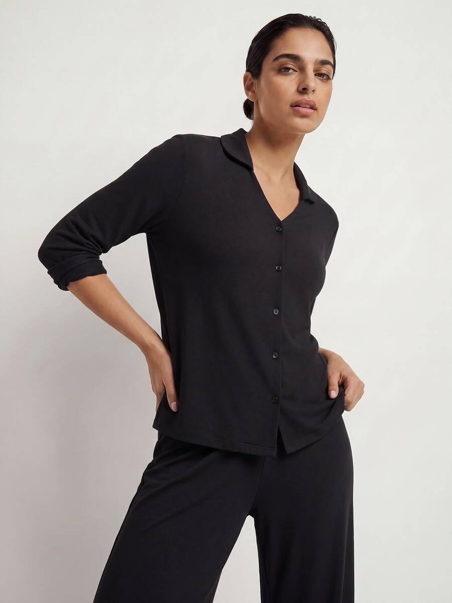 Ocili Studio 休闲弹力舒适女士家居服套装,黑色假日季舒适装扮,秋冬服装 - 黑色 - 查看 1
