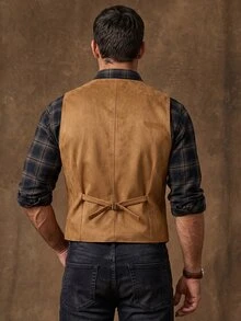 DREXORIN Men's Casual Suedette Waistcoat,Solid Color Single-Breasted Western Cowboy Rodeo Sleeveless Autumn Country Concert Attire,Ceremony,Hiking,Grey - Khaki - View 2