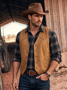 DREXORIN Men's Casual Suedette Waistcoat,Solid Color Single-Breasted Western Cowboy Rodeo Sleeveless Autumn Country Concert Attire,Ceremony,Hiking,Grey - Khaki - View 1