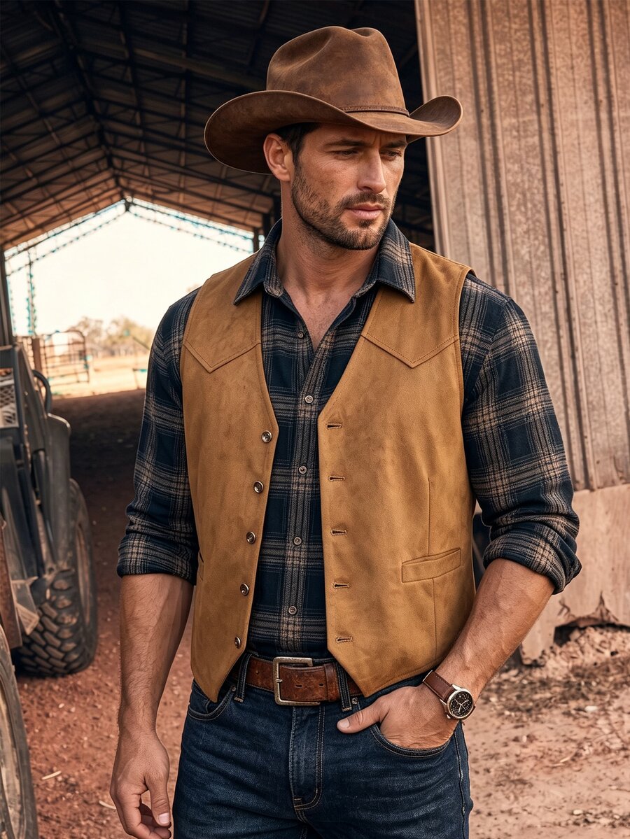 DREXORIN Men's Casual Suedette Waistcoat,Solid Color Single-Breasted Western Cowboy Rodeo Sleeveless Autumn Country Concert Attire,Ceremony,Hiking,Grey - Khaki - View 1