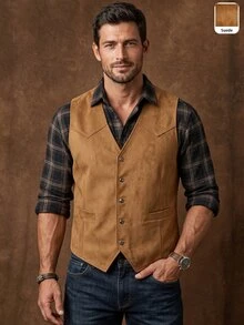 DREXORIN Men's Casual Suedette Waistcoat,Solid Color Single-Breasted Western Cowboy Rodeo Sleeveless Autumn Country Concert Attire,Ceremony,Hiking,Grey - Khaki - View 3