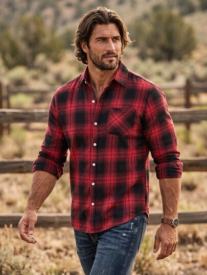 DREXORIN Men's Red Plaid Long Sleeve Flannel Shirt,Autumn Casual City Break Single-Breasted Pocket Top,Streetwear Grunge Style For Daily Leisure&Outdoor Gift