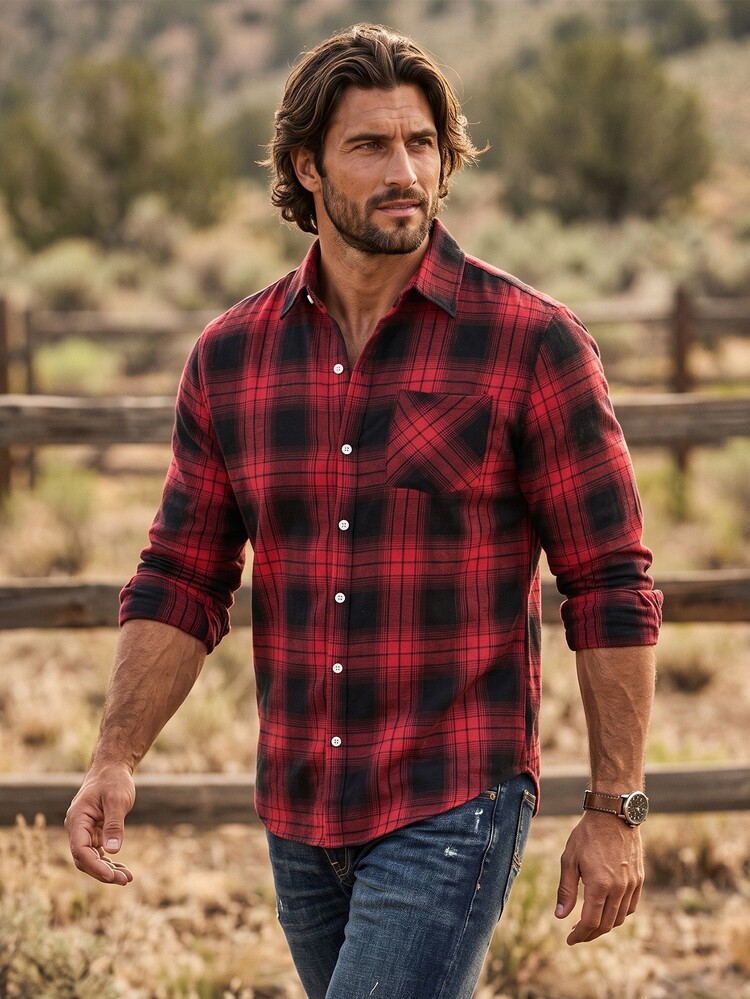 DREXORIN Men's Red Plaid Long Sleeve Flannel Shirt,Autumn Casual City Break Single-Breasted Pocket Top,Streetwear Grunge Style For Daily Leisure&Outdoor Gift - Multicolor - View 1