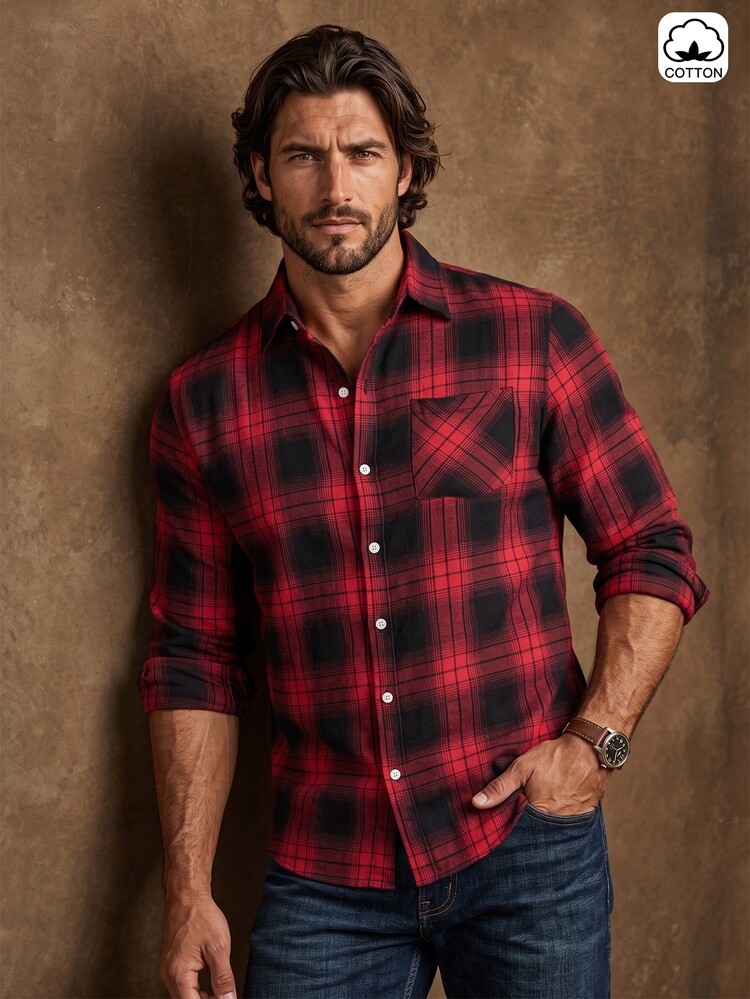 DREXORIN Men's Red Plaid Long Sleeve Flannel Shirt,Autumn Casual City Break Single-Breasted Pocket Top,Streetwear Grunge Style For Daily Leisure&Outdoor Gift - Multicolor - View 4