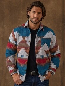 DREXORIN Men Long Sleeve Geo Print Pocket Patched Colorful Vacation Shacket, For Husband, Fall - Multicolor - View 3