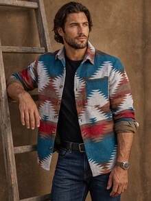 DREXORIN Men Long Sleeve Geo Print Pocket Patched Colorful Vacation Shacket, For Husband, Fall - Multicolor - View 5