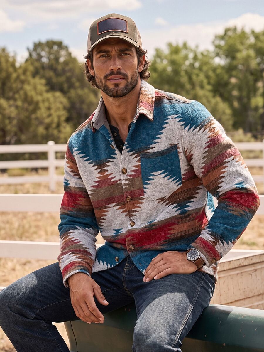 DREXORIN Men Long Sleeve Geo Print Pocket Patched Colorful Vacation Shacket, For Husband, Fall - Multicolor - View 1