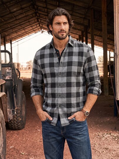 DREXORIN Long Sleeve Casual Shirt, Minimalist Fashion Daily Wear, Black And Grey Plaid Men For Fall