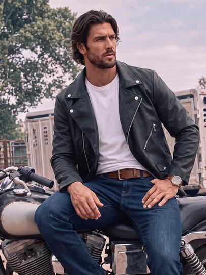 DREXORIN Men Zip Up PU Leather Moto Jacket, Halloween Going Out Bomber Goth Black Rave Long Sleeve Jacket, For Friends, Husband, Boyfriend Gifts, Fall/Winter