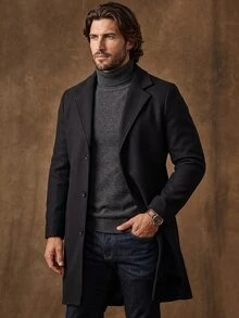 DREXORIN Men Long Sleeve Lapel Neck Overcoat Without Sweater, Plain Going Out Basic Overcoat, For Fall Winter - Black - View 4