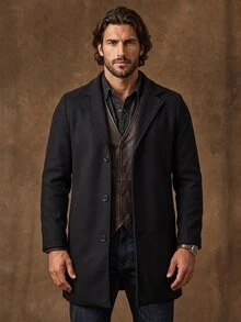 DREXORIN Men Long Sleeve Lapel Neck Overcoat Without Sweater, Plain Going Out Basic Overcoat, For Fall Winter - Black - View 3