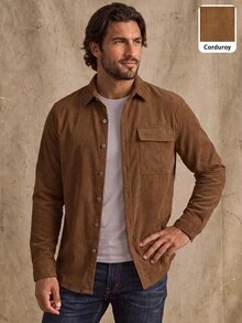 DREXORIN Men Corduroy Flap Pocket Button Up Shirt, For Fall Winter, Long Sleeve Top - Brown - View 3