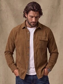 DREXORIN Men Corduroy Flap Pocket Button Up Shirt, For Fall Winter, Long Sleeve Top - Brown - View 4