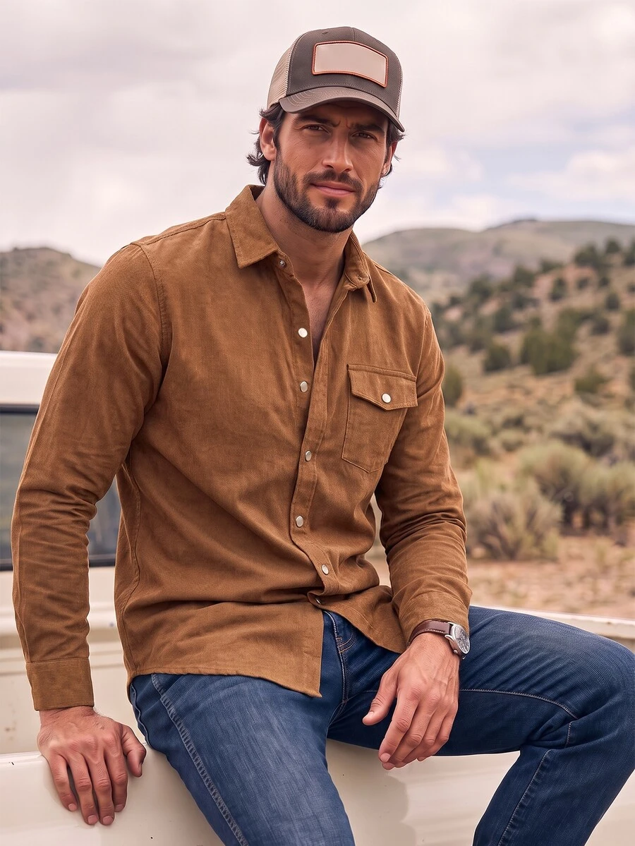 DREXORIN Men Corduroy Flap Pocket Button Up Shirt, For Fall Winter, Long Sleeve Top - Brown - View 1