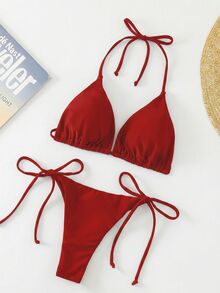 Swim Basics Solid Color Sexy Strap Bikini Swimwear Set, Beach Wear For Women - Red - View 5