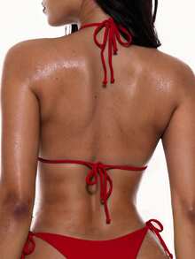 Swim Basics Solid Color Sexy Strap Bikini Swimwear Set, Beach Wear For Women - Red - View 2