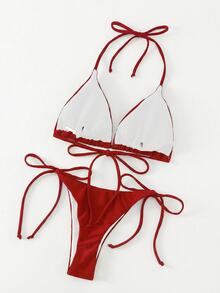 Swim Basics Solid Color Sexy Strap Bikini Swimwear Set, Beach Wear For Women - Red - View 3