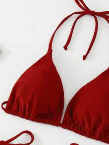Swim Basics Solid Color Sexy Strap Bikini Swimwear Set, Beach Wear For Women - Red - View 4