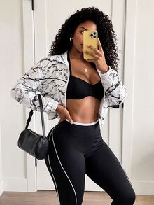 SHEIN Core Rhythm 紮染印花立領運動夾克 - 白色 - 查看 4