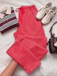 Muchica Plus Size All-Season Vintage Washed Drawstring Black Casual Sweatpants - Red - View 4