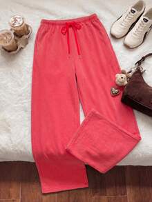 Muchica Plus Size All-Season Vintage Washed Drawstring Black Casual Sweatpants - Red - View 5