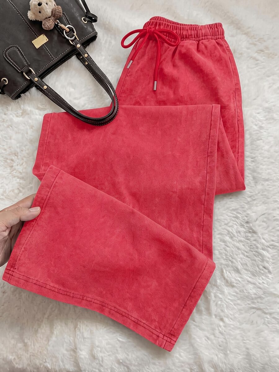 Muchica Plus Size All-Season Vintage Washed Drawstring Black Casual Sweatpants - Red - View 1