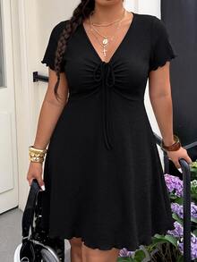 Muchica Plus Size Women's Solid Color V-Neck Casual Daily Summer Dress - Black - View 1