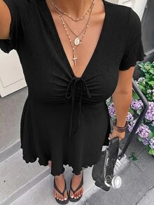 Muchica Plus Size Women's Solid Color V-Neck Casual Daily Summer Dress - Black - View 6