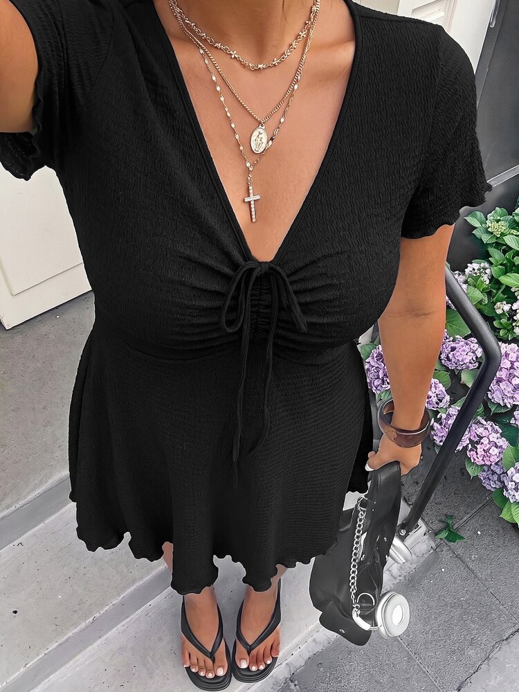 Muchica Plus Size Women's Solid Color V-Neck Casual Daily Summer Dress - Black - View 6