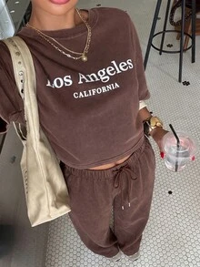 Muchica Letter Print Snow-Wash T-Shirt And Drawstring Waist Cargo Pants Set Travel Brown Chocolate Brown Summer Street - Chocolate Brown - View 5