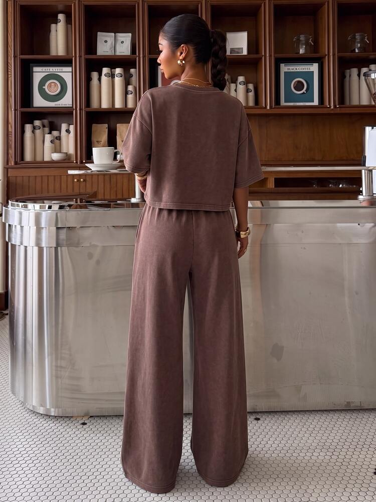 Muchica Letter Print Snow-Wash T-Shirt And Drawstring Waist Cargo Pants Set Travel Brown Chocolate Brown Summer Street - Chocolate Brown - View 2