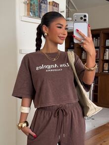 Muchica Letter Print Snow-Wash T-Shirt And Drawstring Waist Cargo Pants Set Travel Brown Chocolate Brown Summer Street - Chocolate Brown - View 6