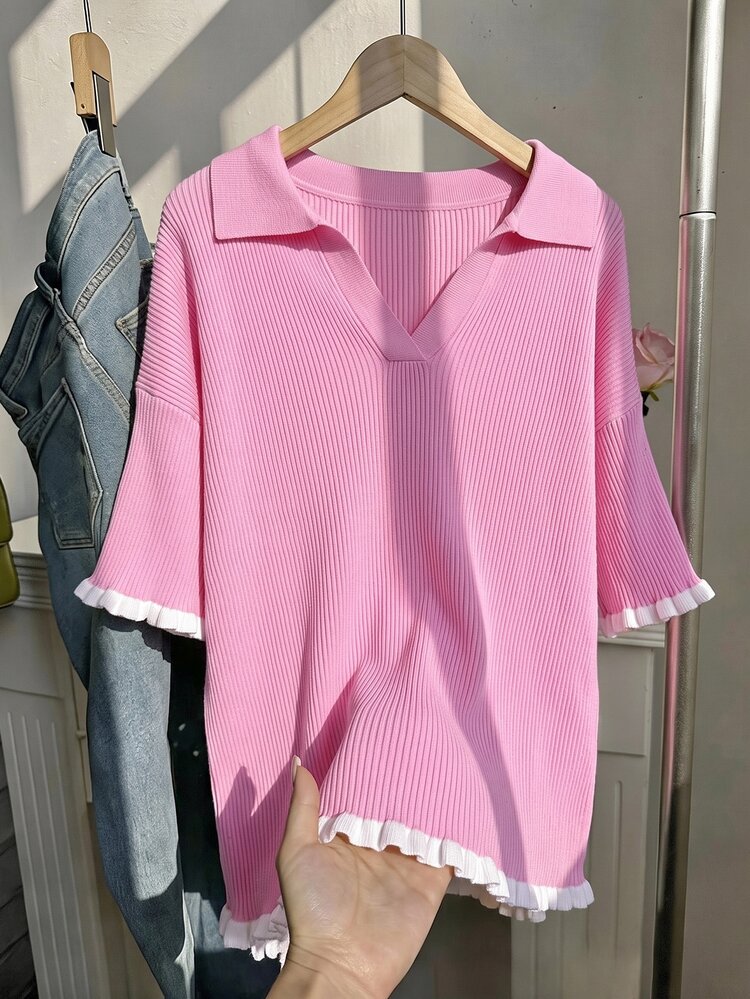 Muchica Plus Size Knit Polo Shirt With Contrast Collar Yellow Top - Pink - View 4