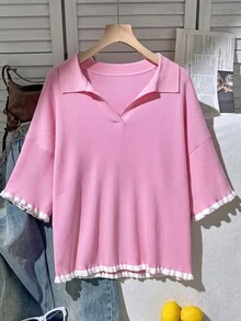 Muchica 大尺碼針織 Polo 衫，對比領設計，黃色上衣 - 粉色 - 查看 5