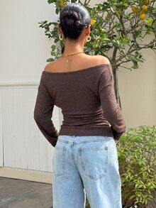 Muchica Women's Solid Color Off Shoulder Fitted Versatile Daily Long Sleeve T-Shirt - Chocolate Brown - View 2