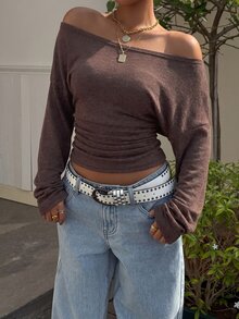 Muchica Women's Solid Color Off Shoulder Fitted Versatile Daily Long Sleeve T-Shirt - Chocolate Brown - View 4