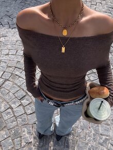 Muchica Women's Solid Color Off Shoulder Fitted Versatile Daily Long Sleeve T-Shirt - Chocolate Brown - View 3