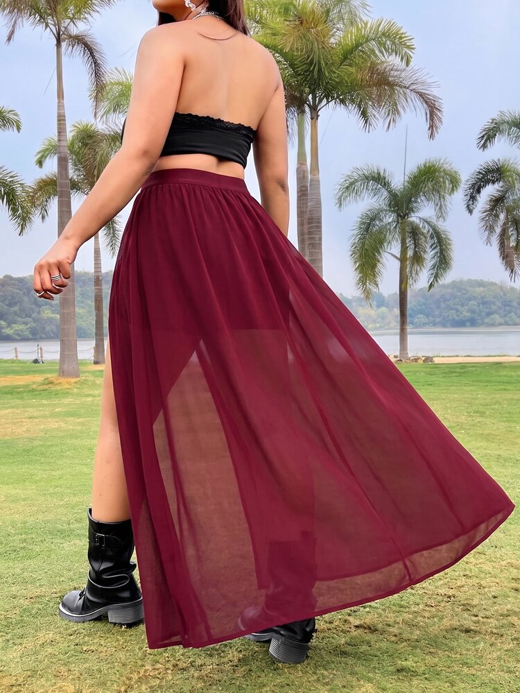Muchica Plus Size Women Solid Color Pleated Slit Design Casual Versatile Daily Wear Skirt - Burgundy - View 2