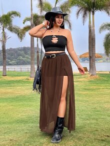 Muchica Plus Size Women's Spring/Summer Side Slit Hem Skirt With Built-In Shorts Fall - Brown - View 3