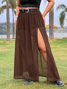 Muchica Plus Size Women's Spring/Summer Side Slit Hem Skirt With Built-In Shorts Fall - Brown - View 6