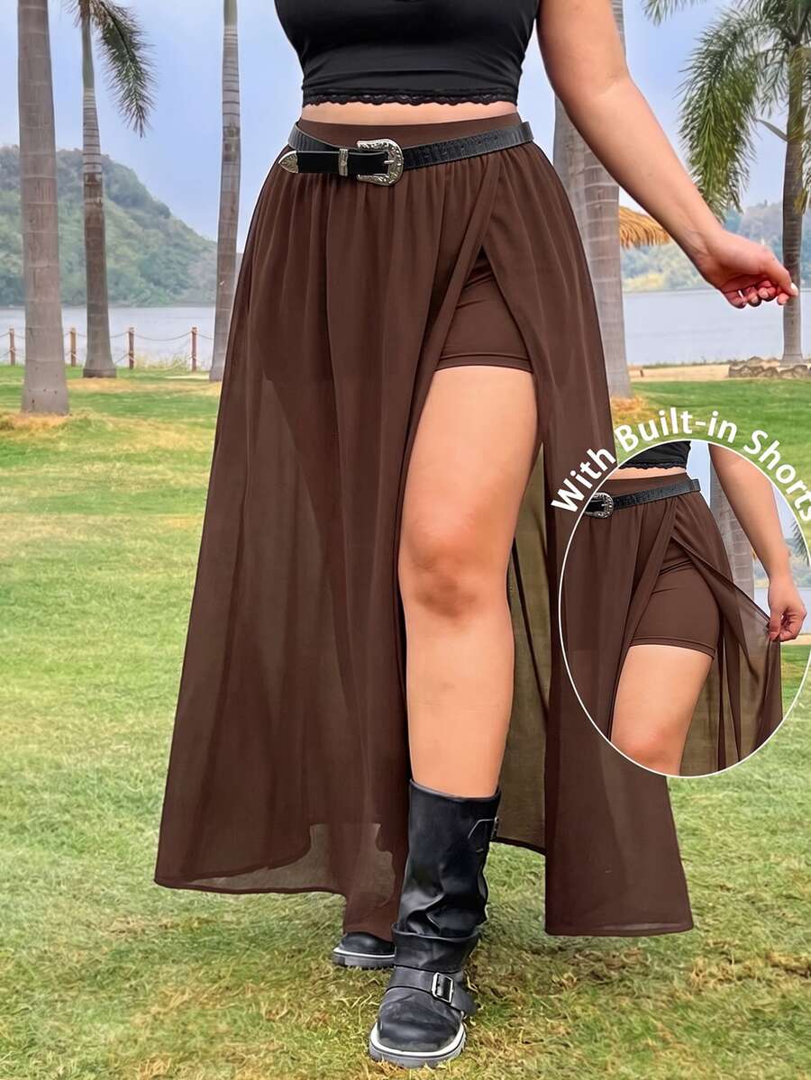 Muchica Plus Size Women's Spring/Summer Side Slit Hem Skirt With Built-In Shorts Fall - Brown - View 1