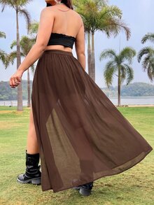Muchica Plus Size Women's Spring/Summer Side Slit Hem Skirt With Built-In Shorts Fall - Brown - View 2