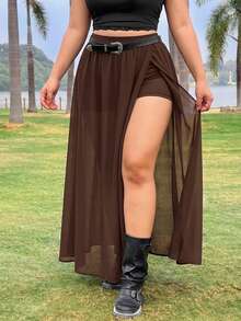 Muchica Plus Size Women's Spring/Summer Side Slit Hem Skirt With Built-In Shorts Fall - Brown - View 5
