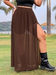 Muchica Plus Size Women's Spring/Summer Side Slit Hem Skirt With Built-In Shorts Fall - Brown - View 4